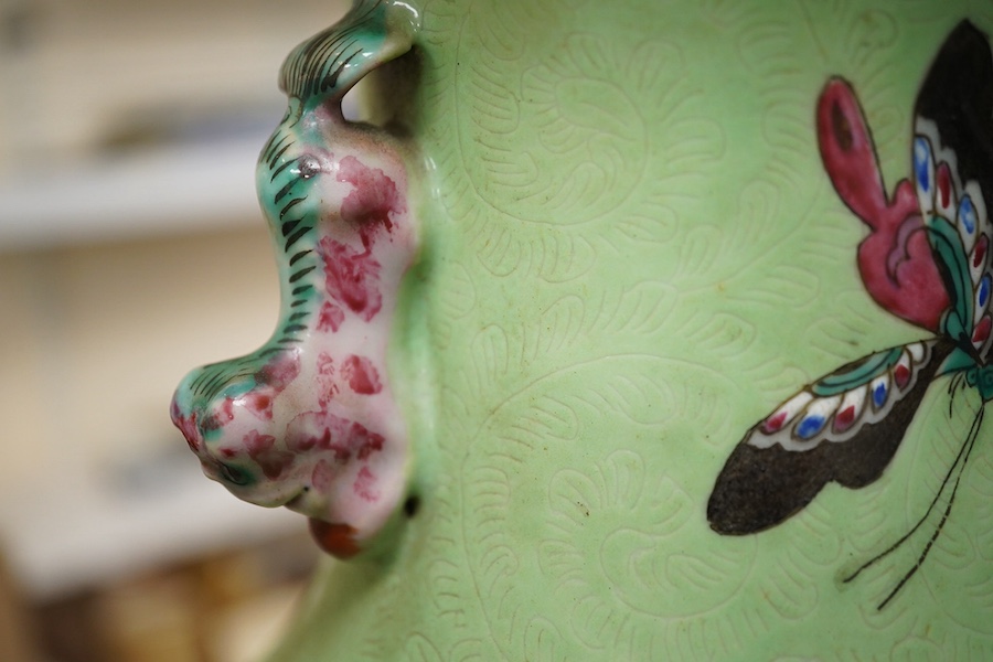 A pair of Chinese lime-green sgraffito ground vases, late 19th century